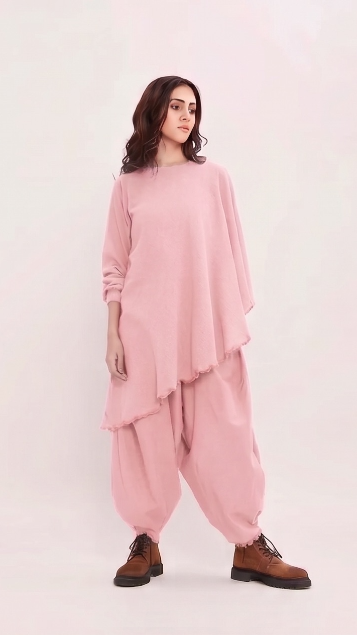 Woman wearing a pink outfit with a plain background