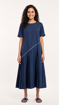 Navy Blue Asymmetrical Pleated Midi Dress