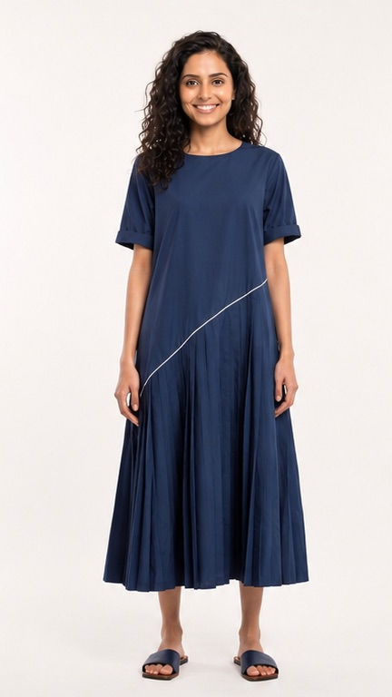 Navy Blue Asymmetrical Pleated Midi Dress