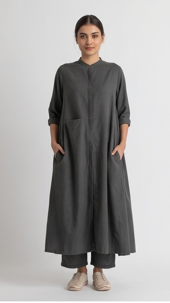 Woman wearing a long dark lead-gray dress on a white background