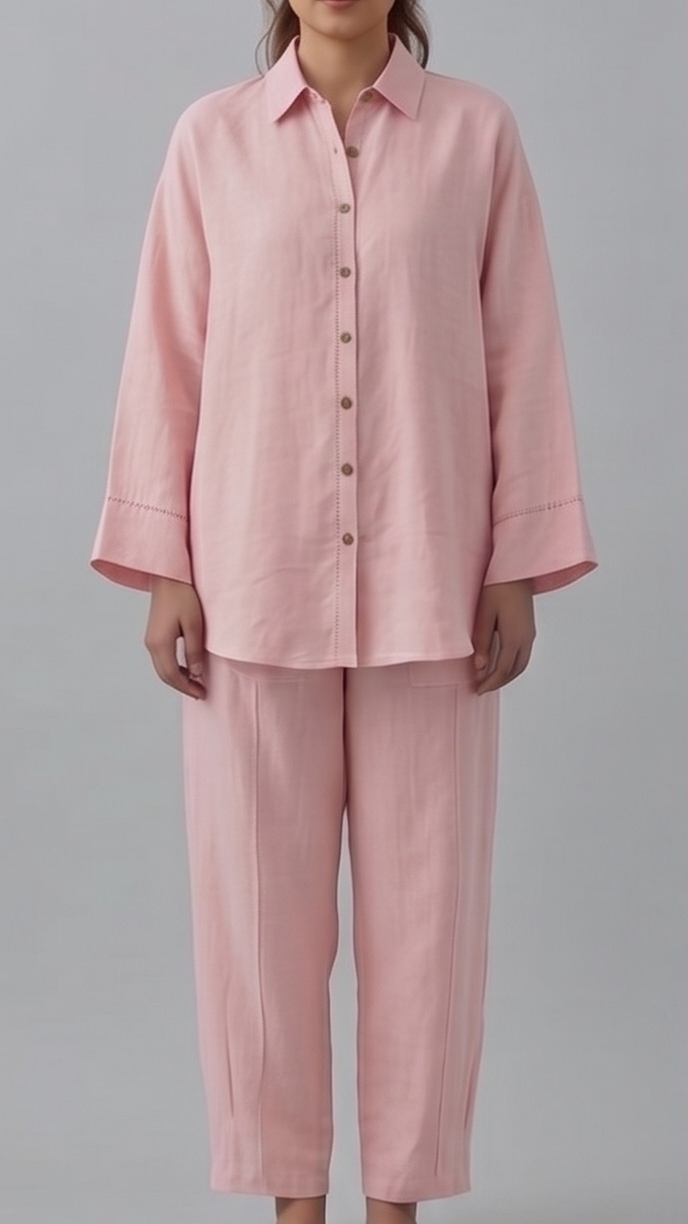Woman wearing a pink pajama set against a gray background
