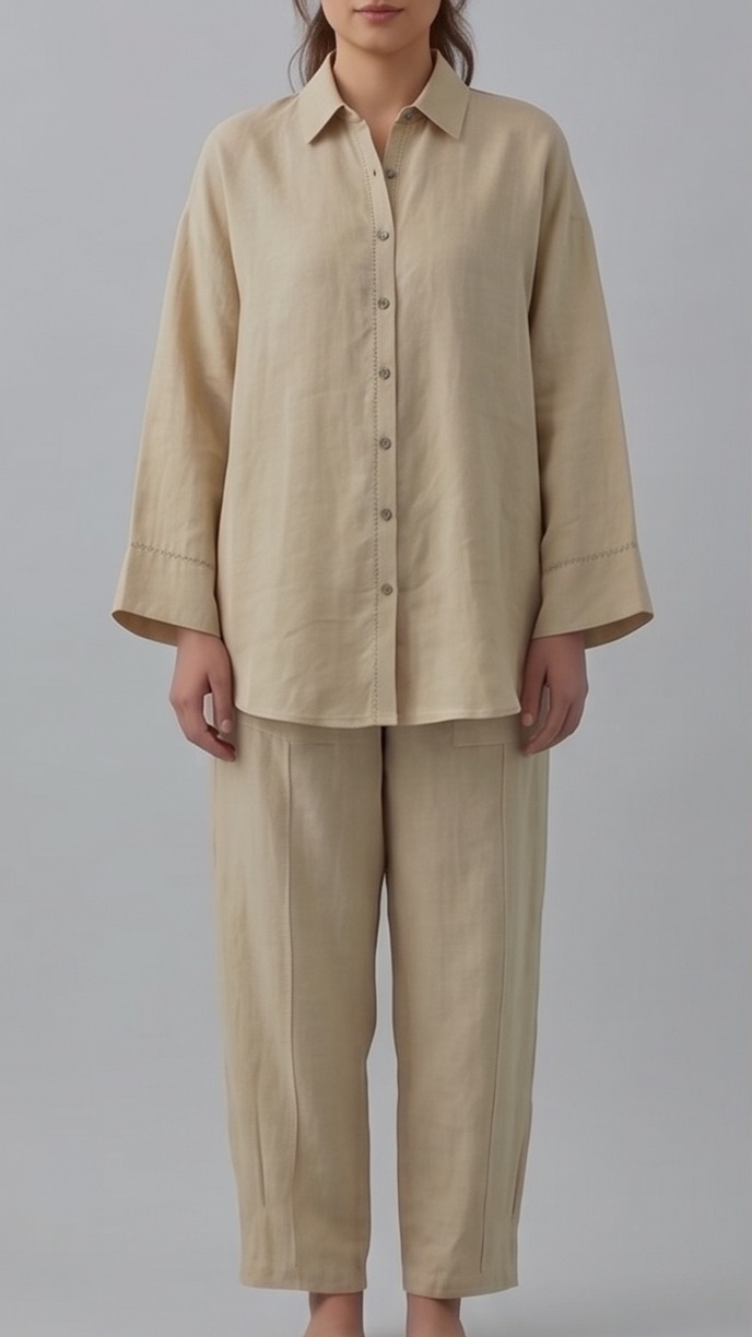 Woman wearing a beige pajama set on a gray background