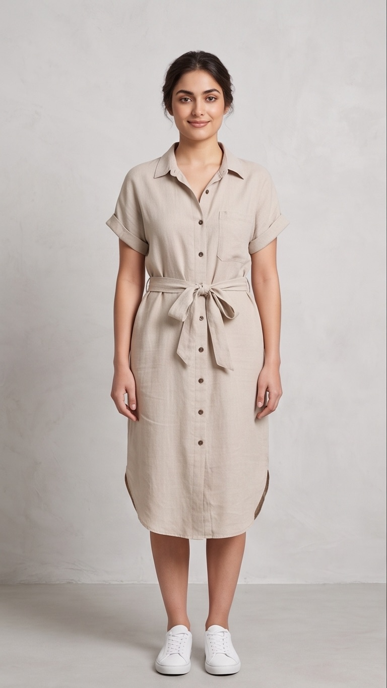 Everyday Linen Button-Down Midi Dress - Light Beige