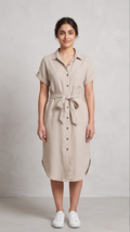 Everyday Linen Button-Down Midi Dress - Light Beige
