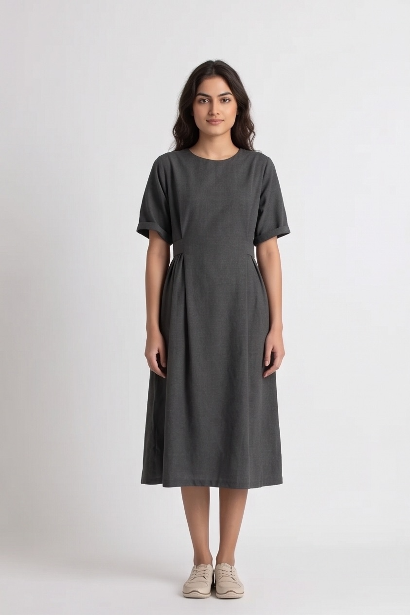Lead Grey Melange Side-Gather Midi Dress