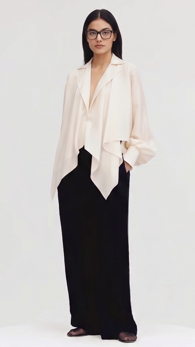Woman wearing a beige blazer over a black dress on a white background