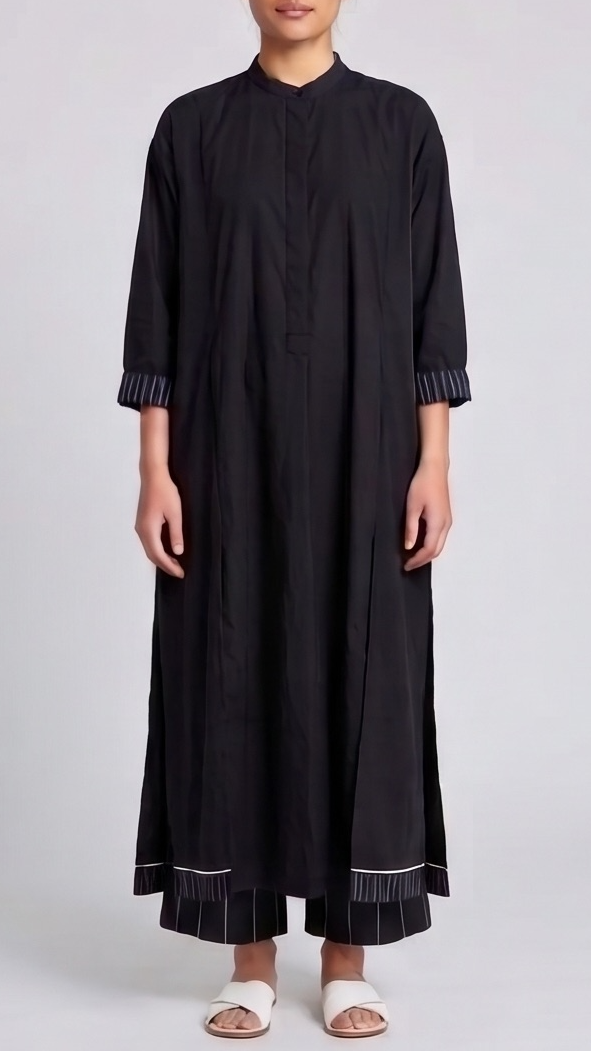 Contemporary Black Panel-Slit Tunic & Pinstripe Trouser Co-ord Set