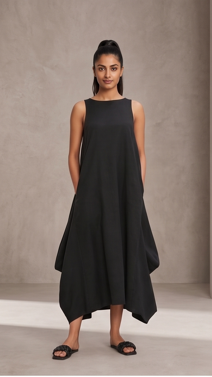 Woman wearing a black sleeveless dress against a neutral background