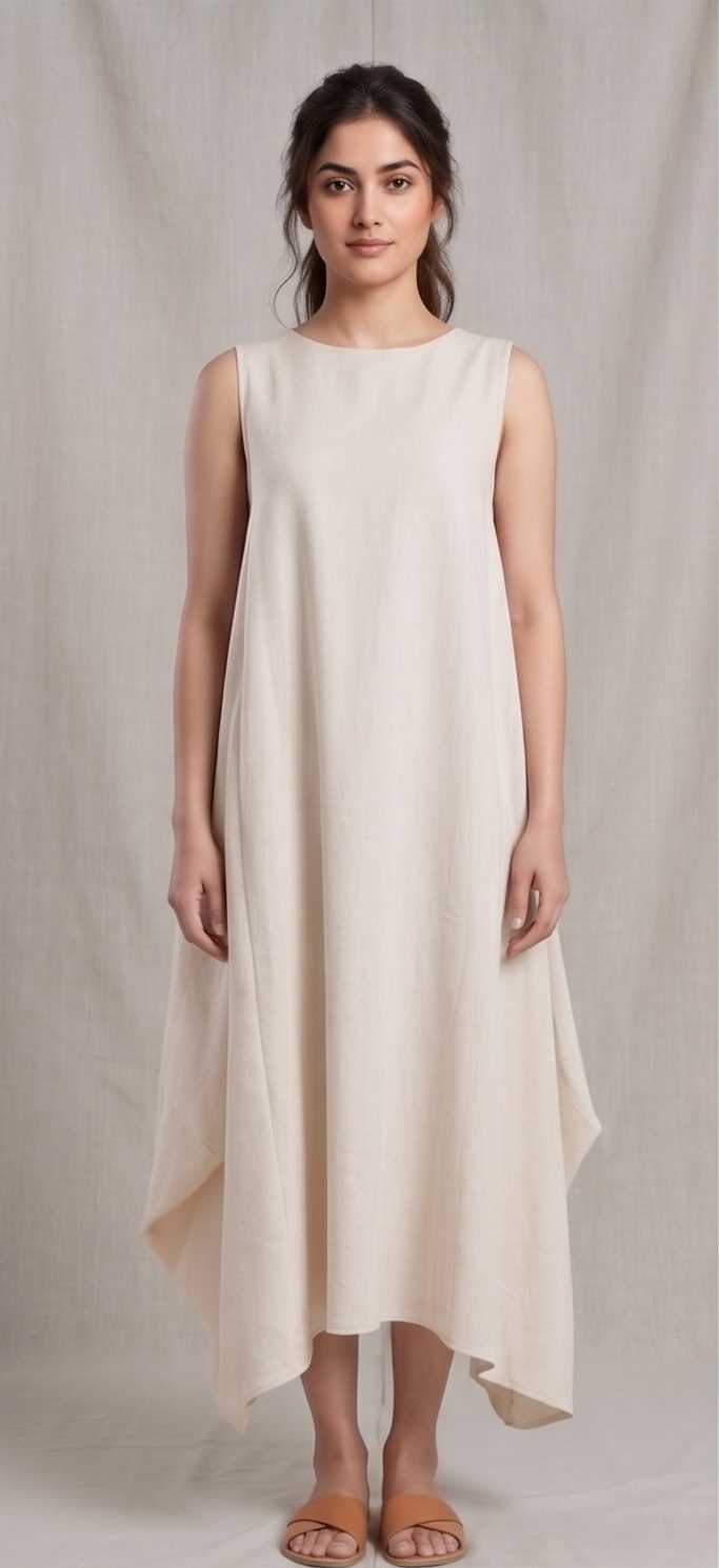 Woman wearing a cream sleeveless dress against a plain background