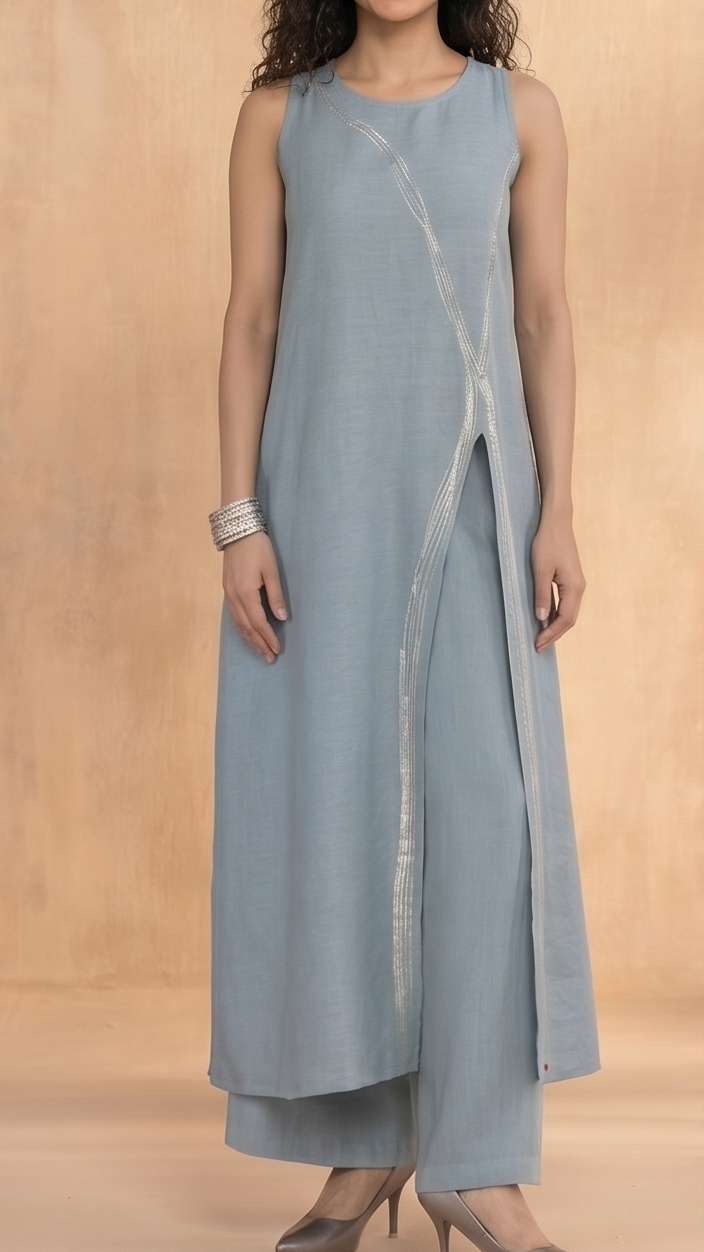 Elegant Slate Blue Asymmetrical Tunic & Wide-Leg Trouser Set