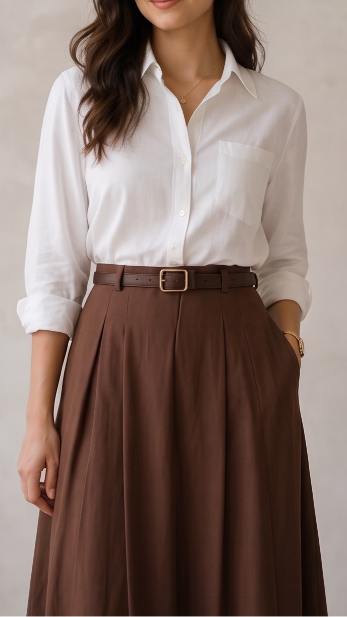 The Timeless Elegance Ensemble: Crisp White Blouse & Mocha Pleated Skirt