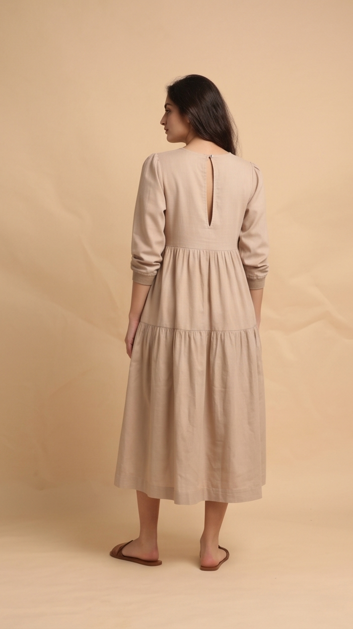 Woman wearing a beige dress with a cut-out back on a beige background