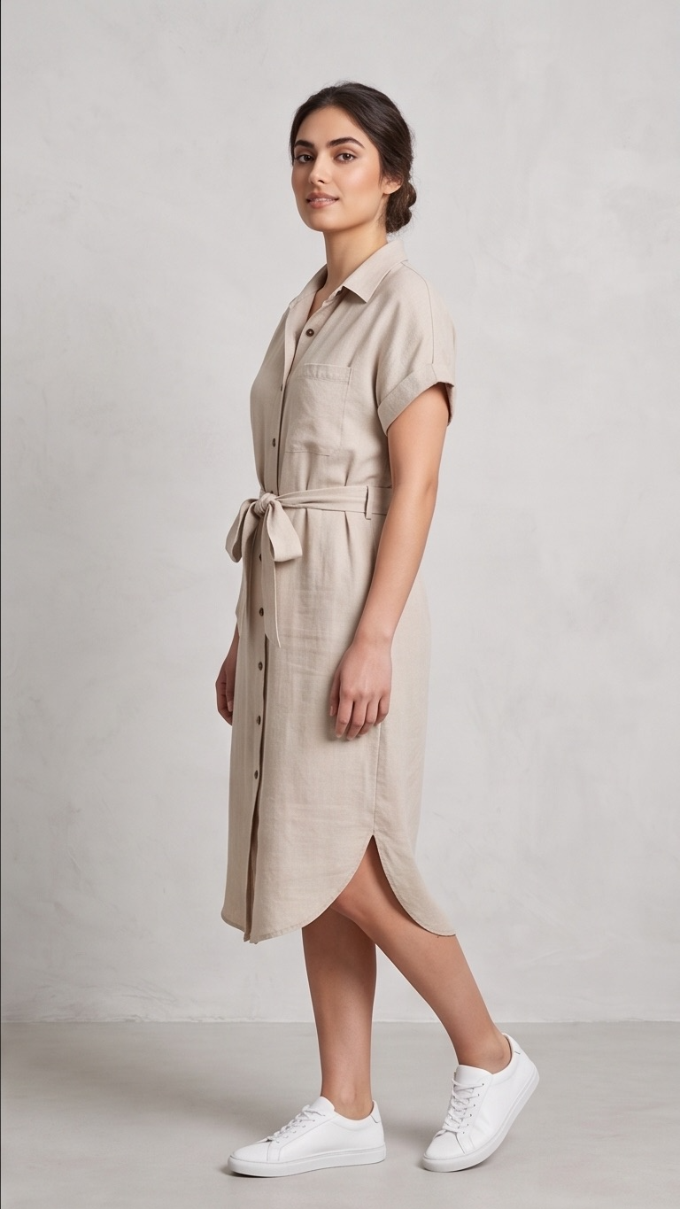 Everyday Linen Button-Down Midi Dress - Light Beige