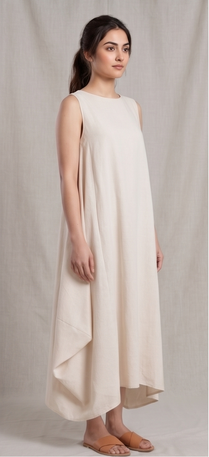Woman wearing a flowing cream dress against a plain background