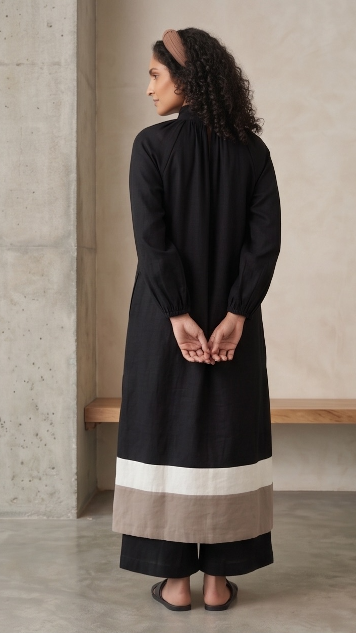 Black Color-Blocked Gathered Neck Co-ord Set