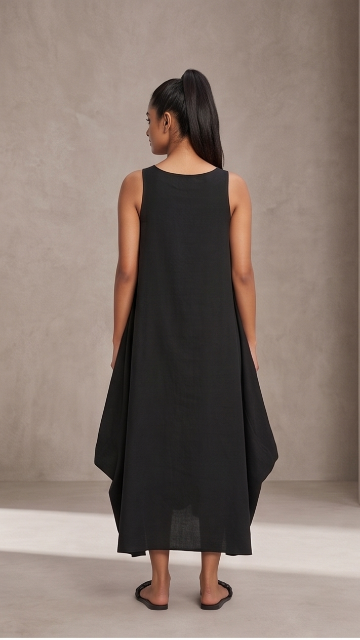 Woman wearing a black sleeveless dress against a plain background