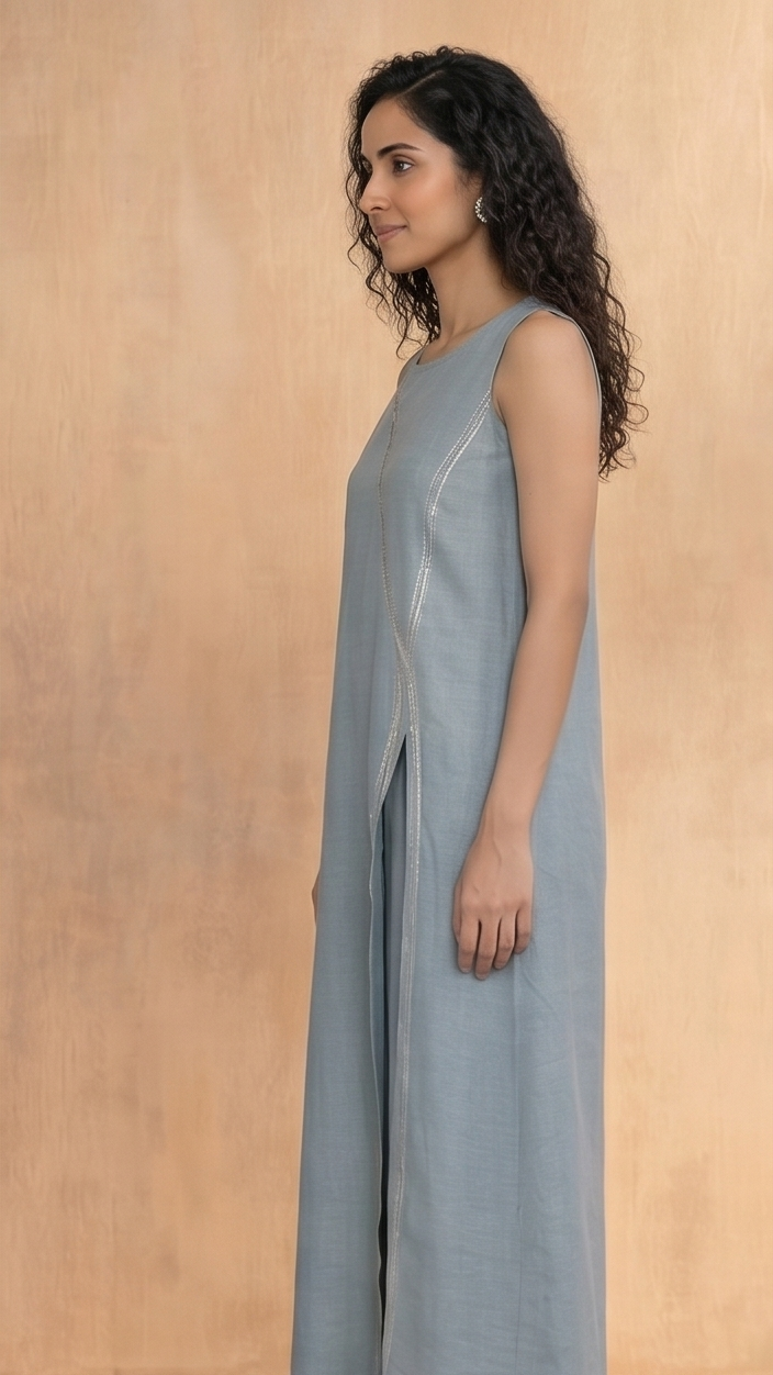 Elegant Slate Blue Asymmetrical Tunic & Wide-Leg Trouser Set