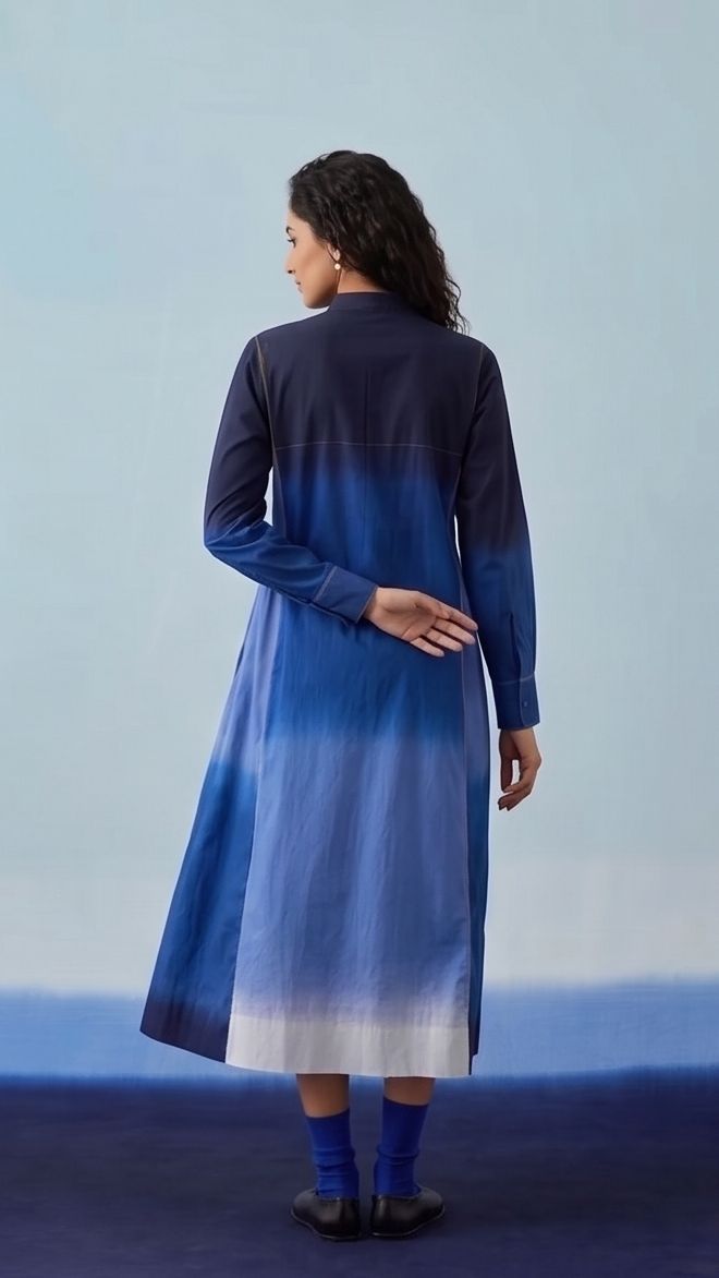 Indigo Ombré Pleated Midi Dress