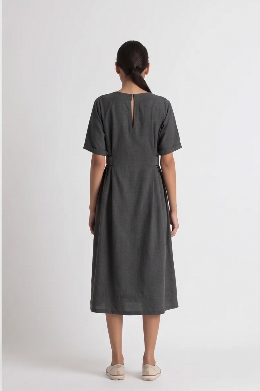 Lead Grey Melange Side-Gather Midi Dress