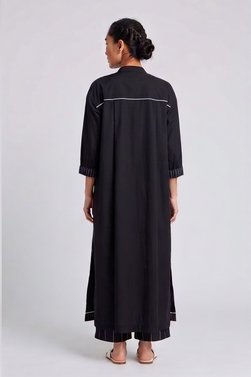 Contemporary Black Panel-Slit Tunic & Pinstripe Trouser Co-ord Set