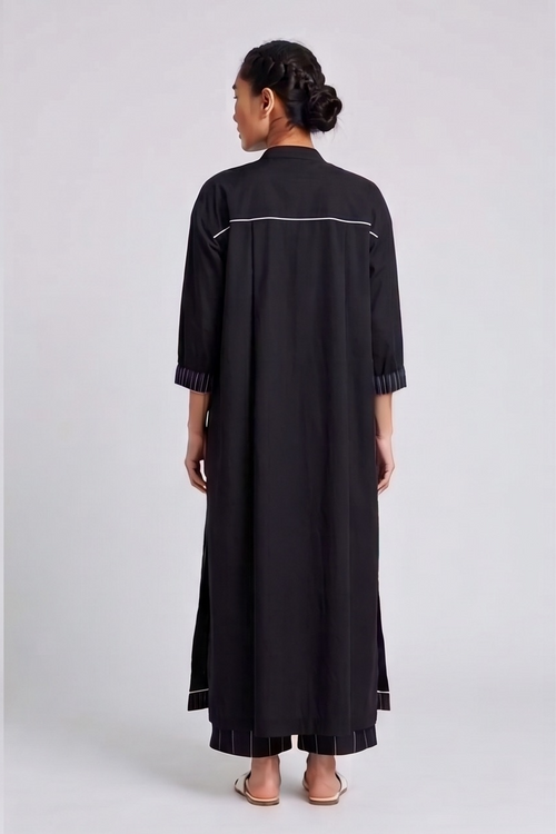 Contemporary Black Panel-Slit Tunic & Pinstripe Trouser Co-ord Set