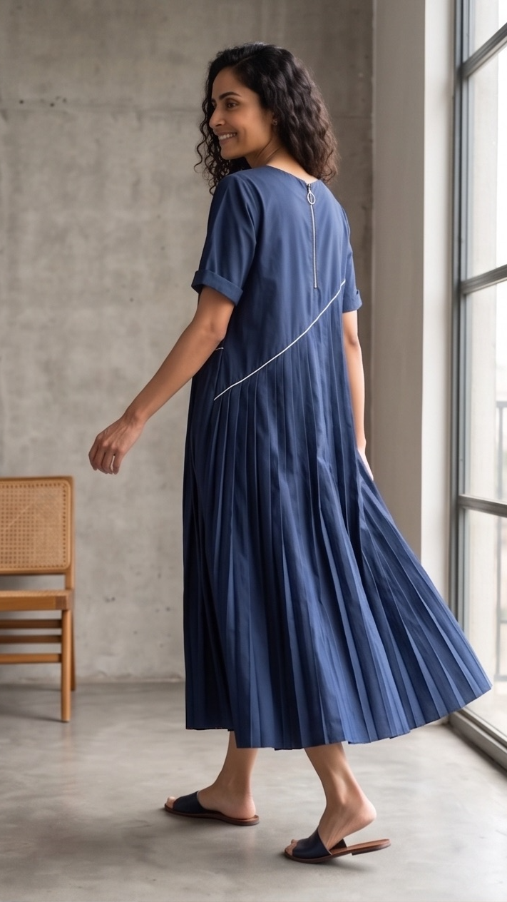 Navy Blue Asymmetrical Pleated Midi Dress