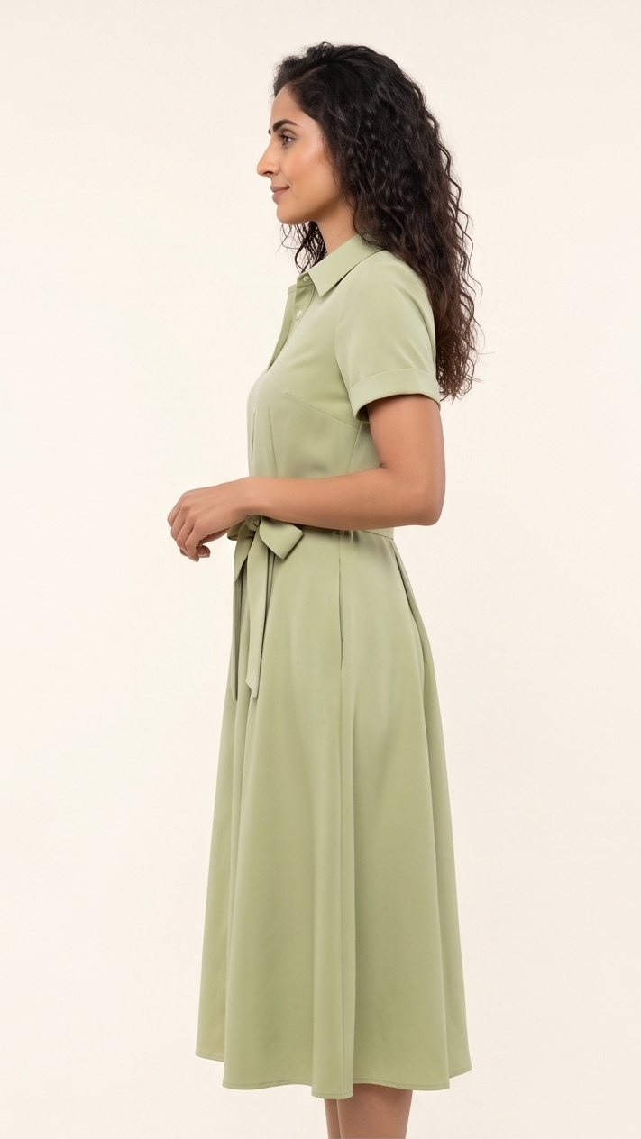 Woman wearing a light green dress against a plain background