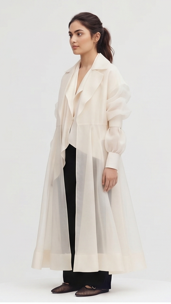 Woman wearing a long, light-colored coat over a white shirt and black pants on a white background