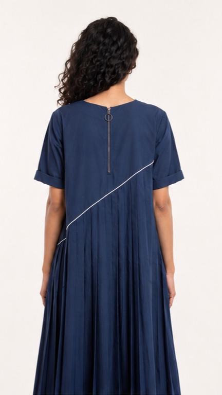 Navy Blue Asymmetrical Pleated Midi Dress