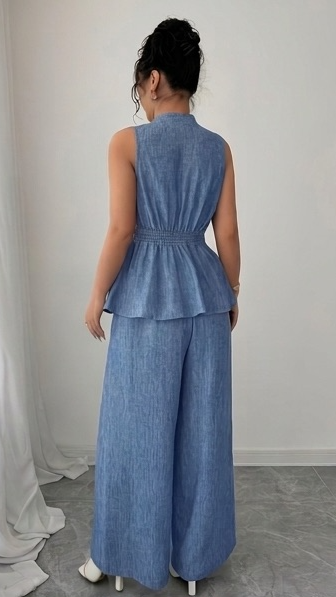 Azure Breeze Textured Peplum and Wide-Leg Co-ord Set