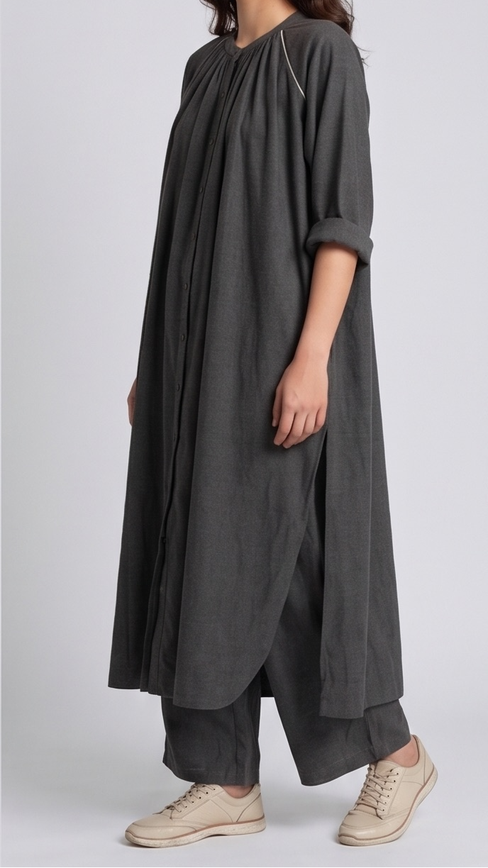 Woman wearing a long dark gray dress with a plain background