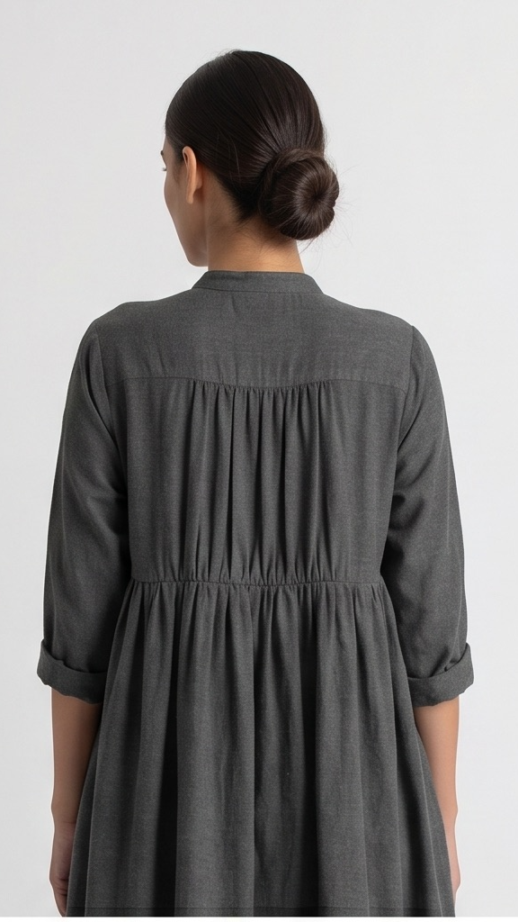 Person wearing a dark lead-gray dress on a light gray background