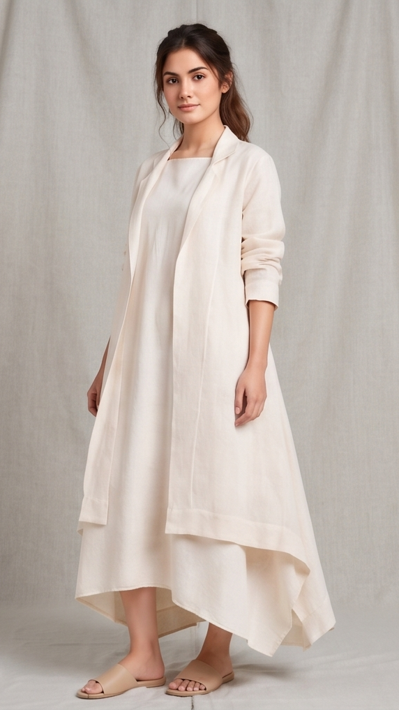 Woman wearing a cream dress with a matching trench coat against a neutral background