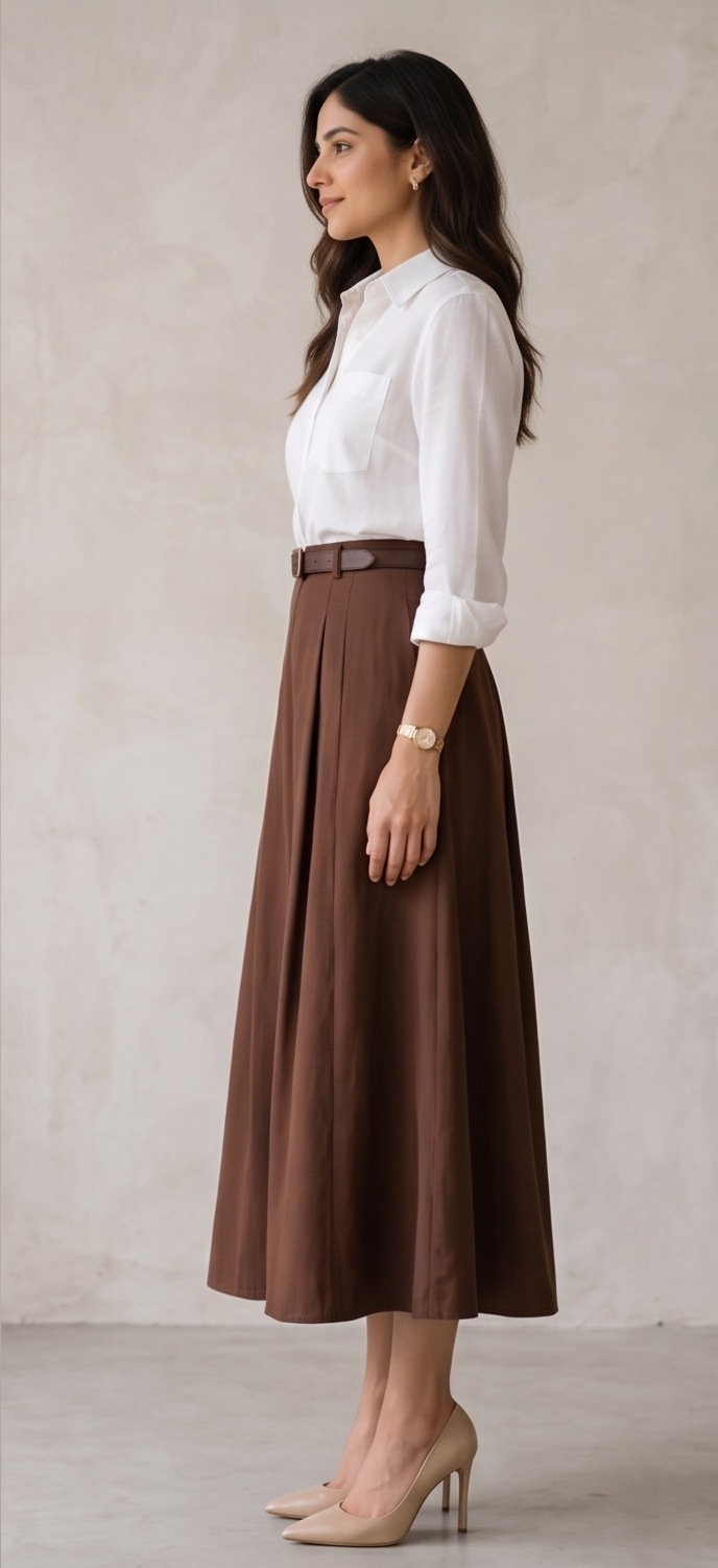 The Timeless Elegance Ensemble: Crisp White Blouse & Mocha Pleated Skirt