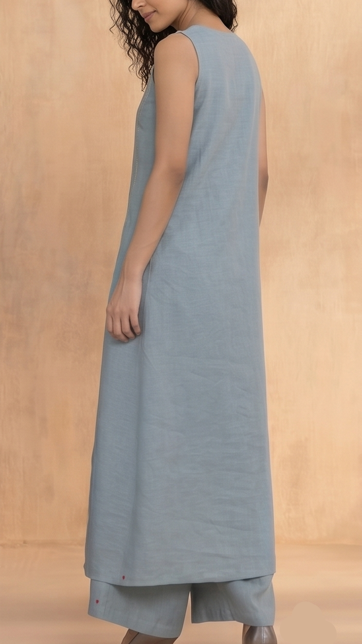 Elegant Slate Blue Asymmetrical Tunic & Wide-Leg Trouser Set