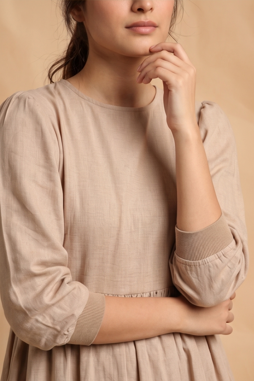 Woman wearing a beige dress with ruffled sleeves against a beige background