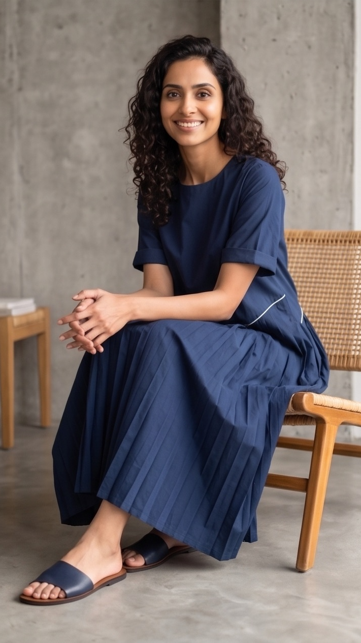 Navy Blue Asymmetrical Pleated Midi Dress