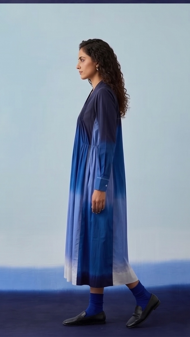Indigo Ombré Pleated Midi Dress