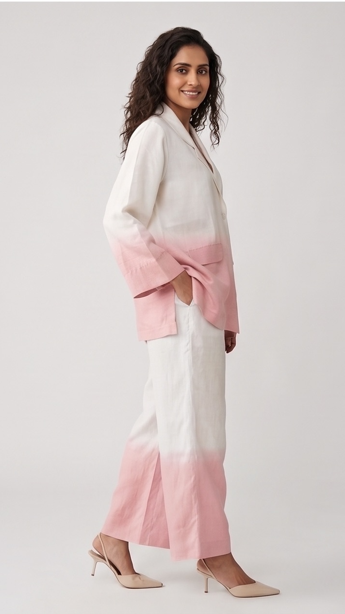 Woman wearing a white and baby-pink gradient outfit on a plain background