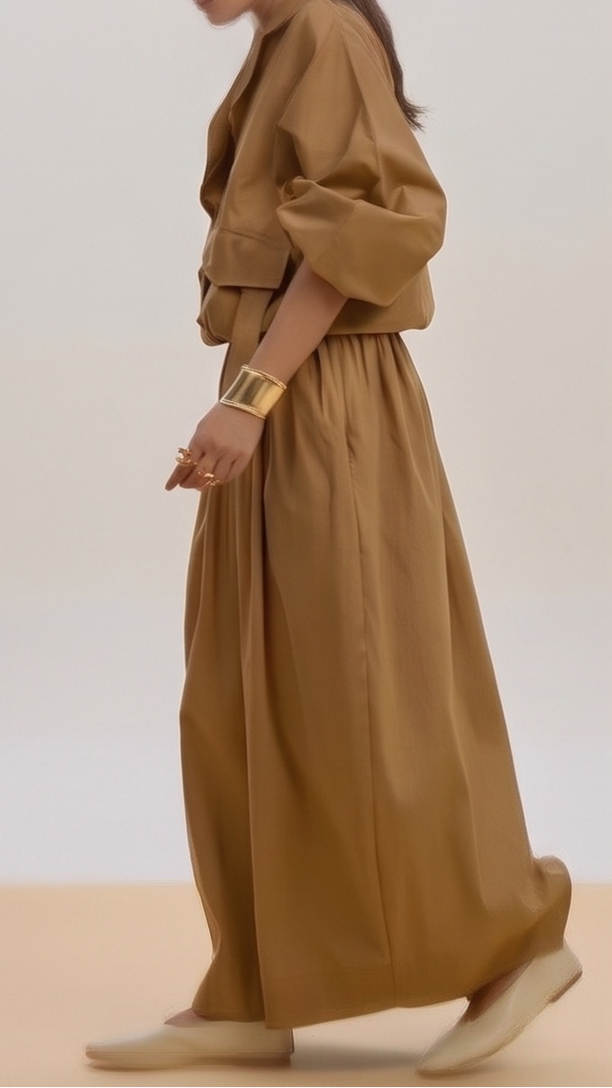 Woman wearing a brown outfit with a plain background