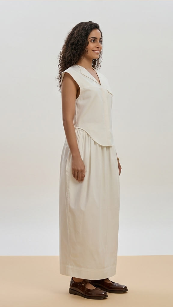 Ivory Elegance: Collared Sleeveless Maxi Set