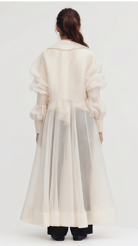 Person wearing a long white coat on a plain background