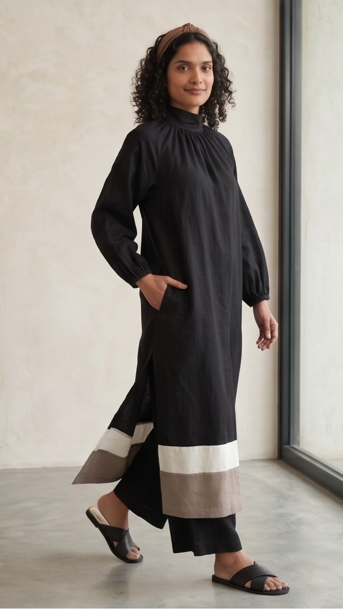 Black Color-Blocked Gathered Neck Co-ord Set