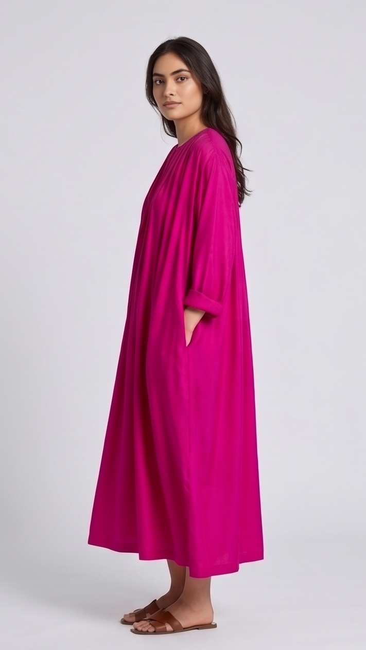 Woman wearing a bright hot-pink dress on a white background