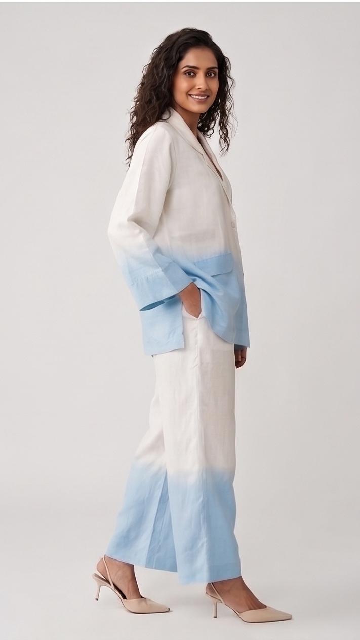 Woman wearing a white and sky-blue gradient outfit on a plain background