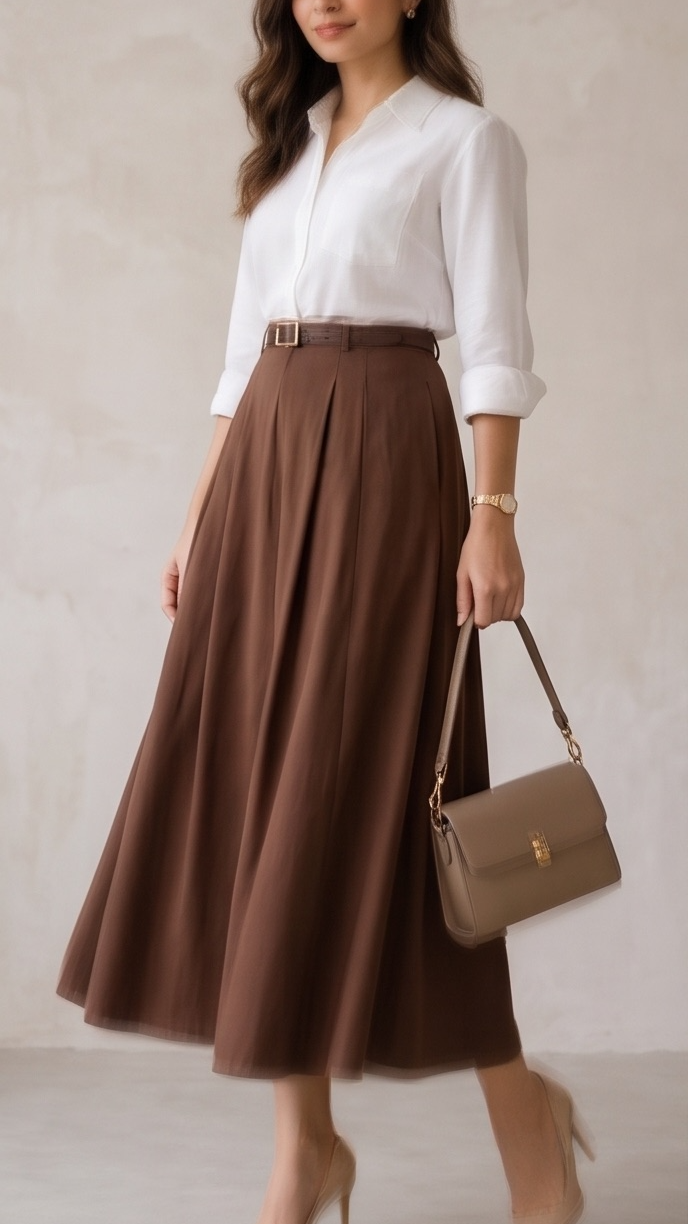 The Timeless Elegance Ensemble: Crisp White Blouse & Mocha Pleated Skirt