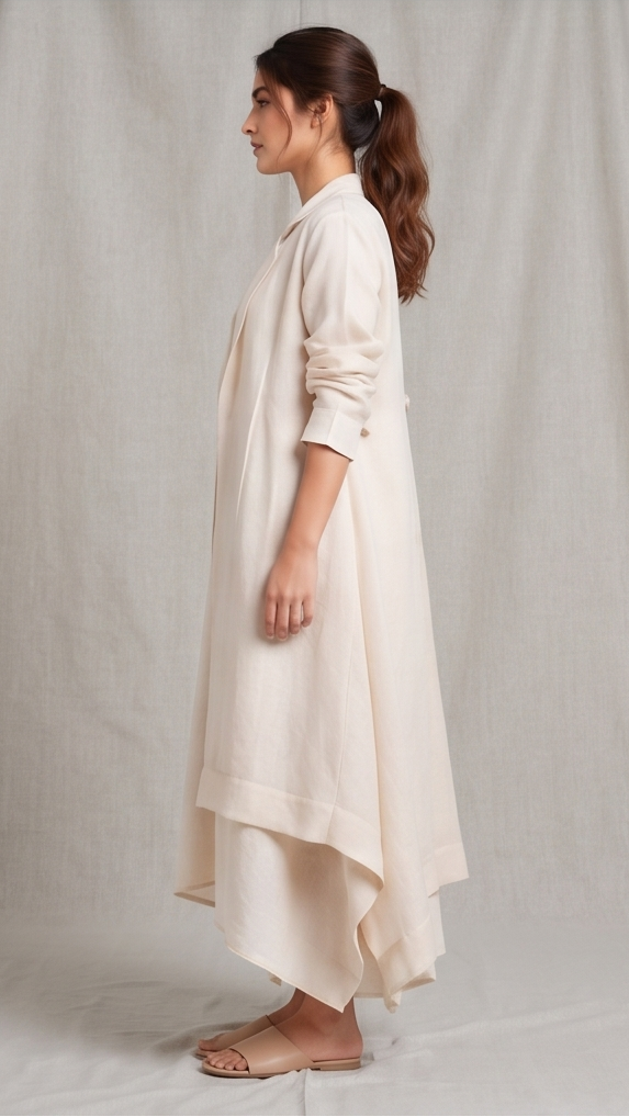Woman wearing a long, cream colored dress against a plain background