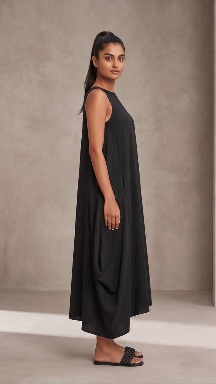 Woman wearing a black sleeveless dress against a neutral background