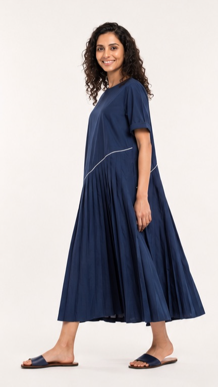 Navy Blue Asymmetrical Pleated Midi Dress
