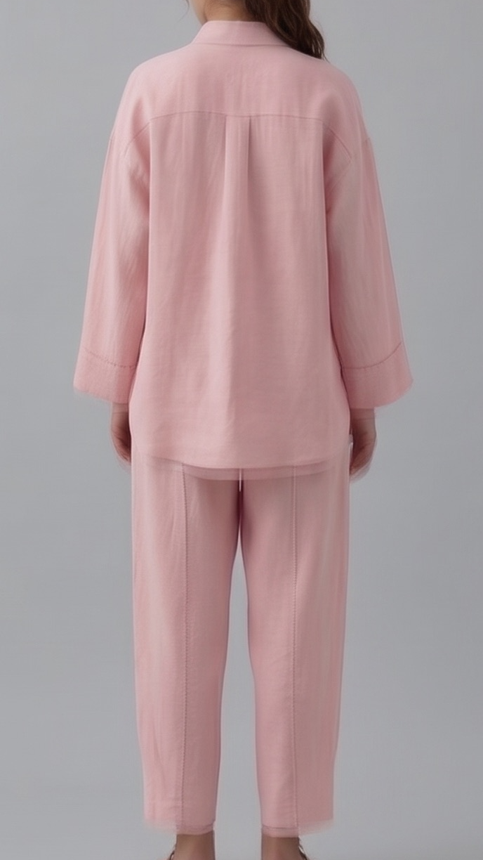 Person wearing a pink pajama set on a gray background